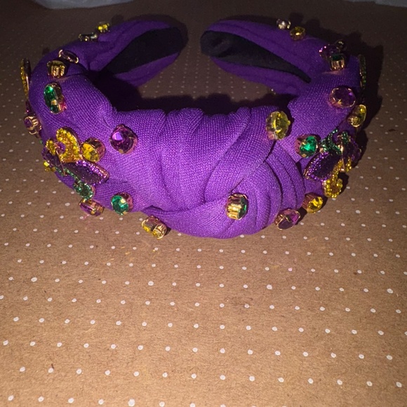 Mardi Gras Fleur De Lis Crown Mask Headband for Women - Purple Jeweled Rhineston - Picture 6 of 6